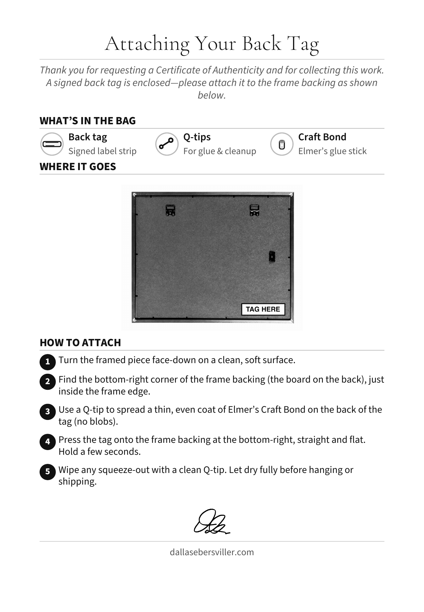 Back tag guide for framed charcoals: the back of a framed charcoal with the tag placed on the frame backing in the bottom-right corner just inside the frame edge, plus five steps: lay the framed piece face-down, find the bottom-right corner of the frame backing, spread a thin coat of glue on the tag with a Q-tip, press it on straight and hold a few seconds, then wipe any squeeze-out and let it dry.