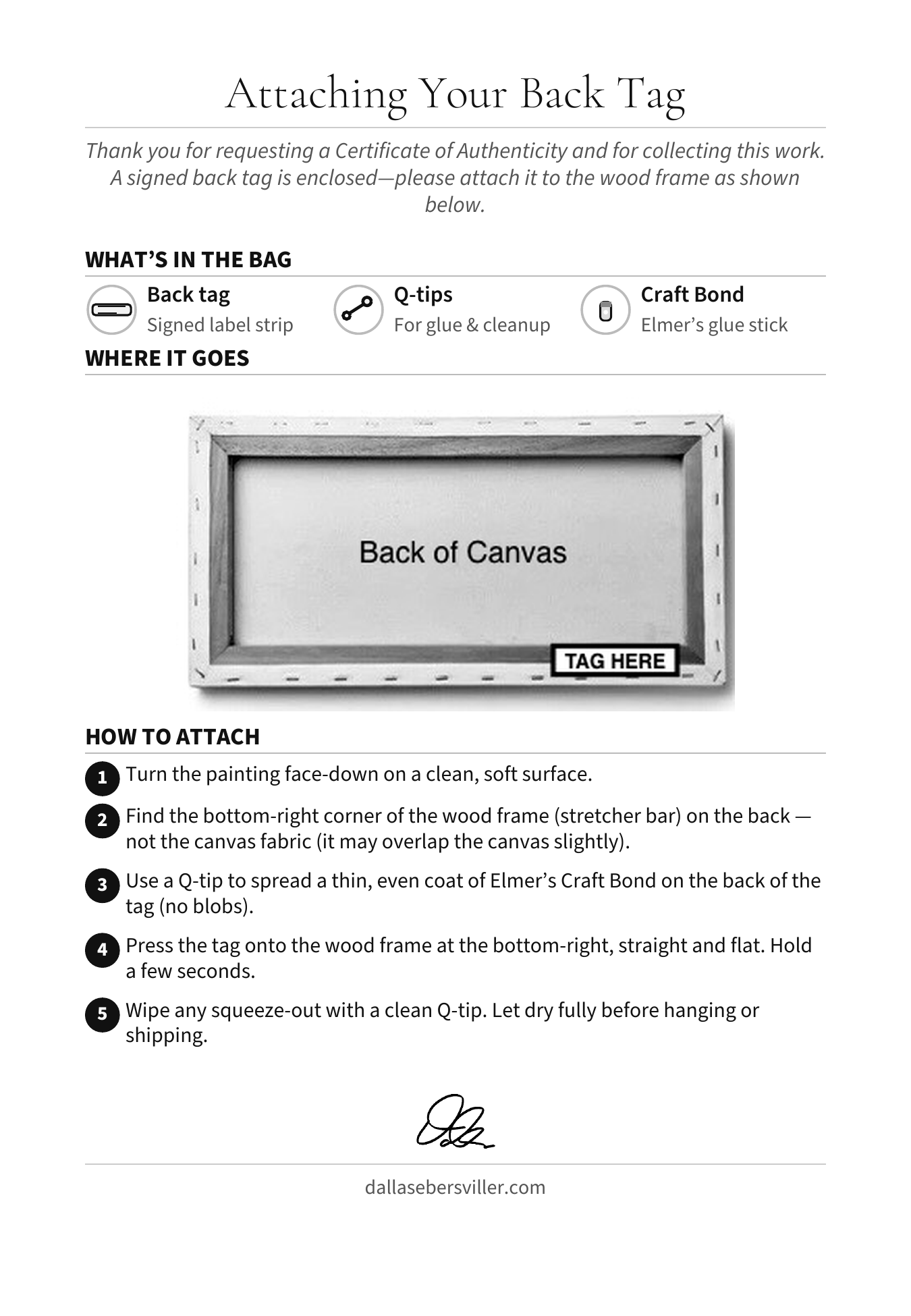 Back tag guide for canvas paintings: the back of a stretched canvas with the tag placed on the wood stretcher frame in the bottom-right corner, plus five steps: lay the painting face-down, find the bottom-right corner of the wood frame, spread a thin coat of glue on the tag with a Q-tip, press it on straight and hold a few seconds, then wipe any squeeze-out and let it dry.