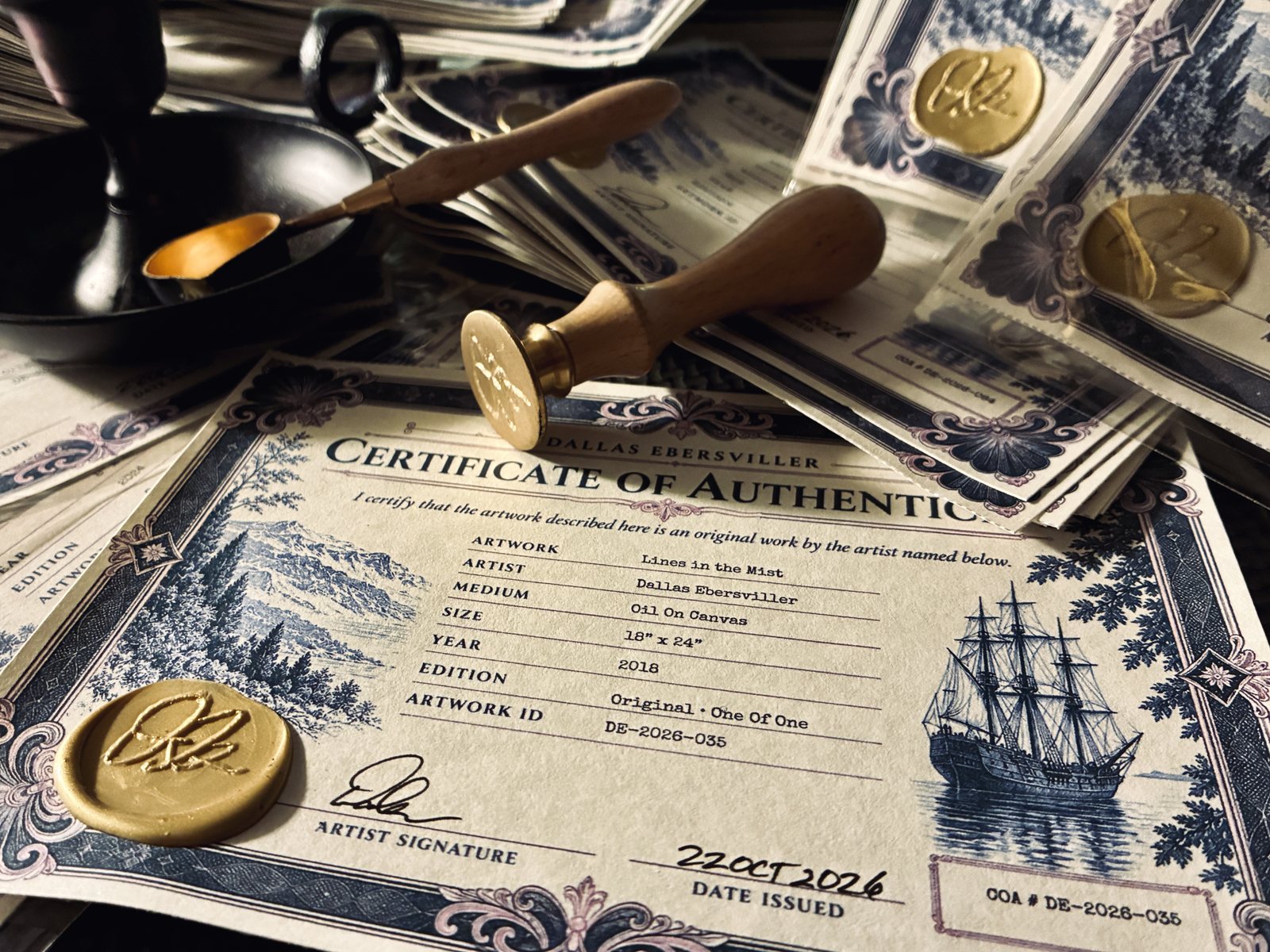 A Dallas Ebersviller Certificate of Authenticity for the original oil painting Lines in the Mist, sealed with a gold wax seal beside a brass seal stamp and a stack of certificates
