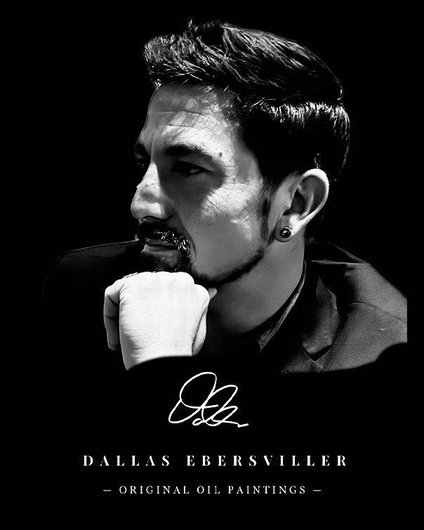 Portrait of artist Dallas Ebersviller, black and white, with his signature