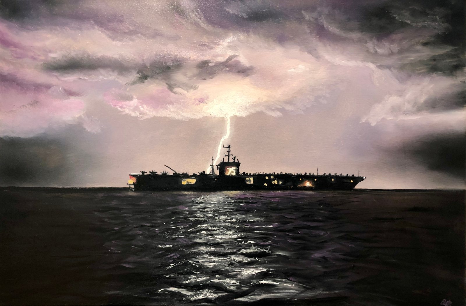 Riding Out the Storm, an aircraft carrier under lightning, oil on canvas by Dallas Ebersviller