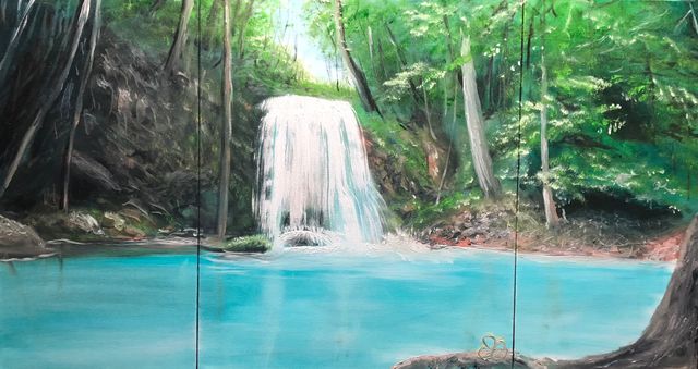 Jungle Waterfall, Oil on Canvas by Dallas Ebersviller