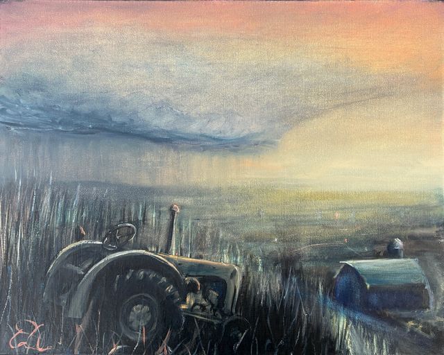 Storm Rolling In, oil painting of an old tractor in tall grass with a blue barn and silo under an approaching storm by Dallas Ebersviller